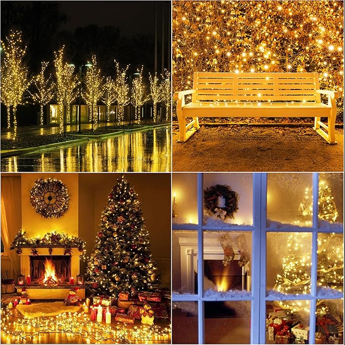 LAMPHOME 33ft Golden Christmas Decorative Mini Lights, 100 LED Transparent Wire Fairy Starry String Lights Plug in, 16 Lighting Modes, for Indoor Outdoor Xmas Tree Wedding Party Decoration (Yellow)