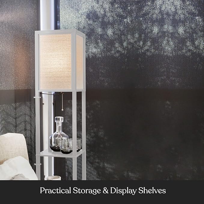 Brightech Maxwell - Modern Shelf Floor Lamp with Lamp Shade & Warm White LED Bulb, Corner Display Floor Lamp with Shelves for Living Room, Bedroom, Nightstand Office, Home Decor Storage - White