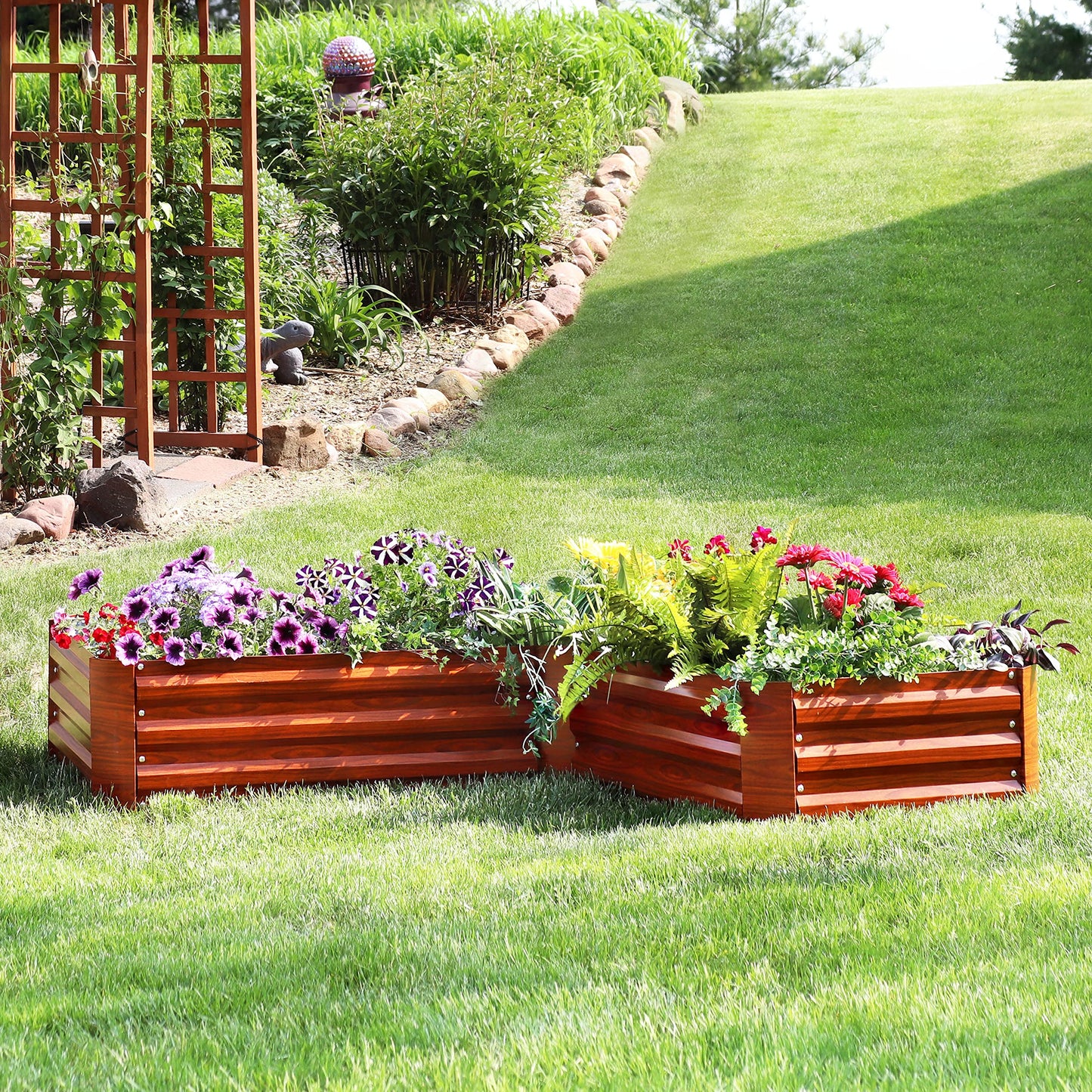 Sunnydaze Galvanized Raised Garden Bed Kit - 5x5x1 ft Outdoor Raised Garden Bed - Metal Planter Box for Vegetables, Flowers, Herbs - Woodgrain - L-Shaped