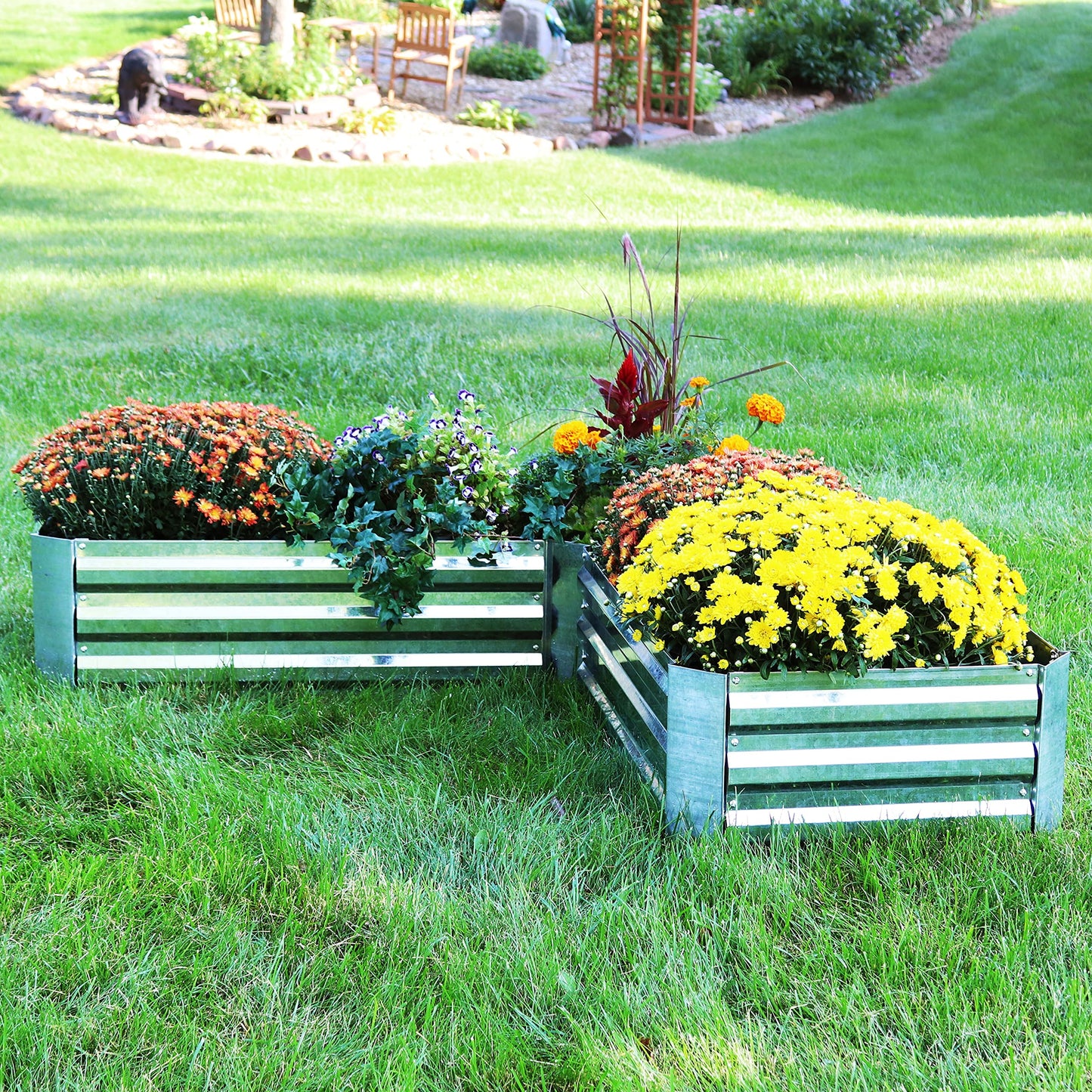 Sunnydaze Galvanized Raised Garden Bed Kit - 5x5x1 ft Outdoor Raised Garden Bed - Metal Planter Box for Vegetables, Flowers, Herbs - Silver - L-Shaped