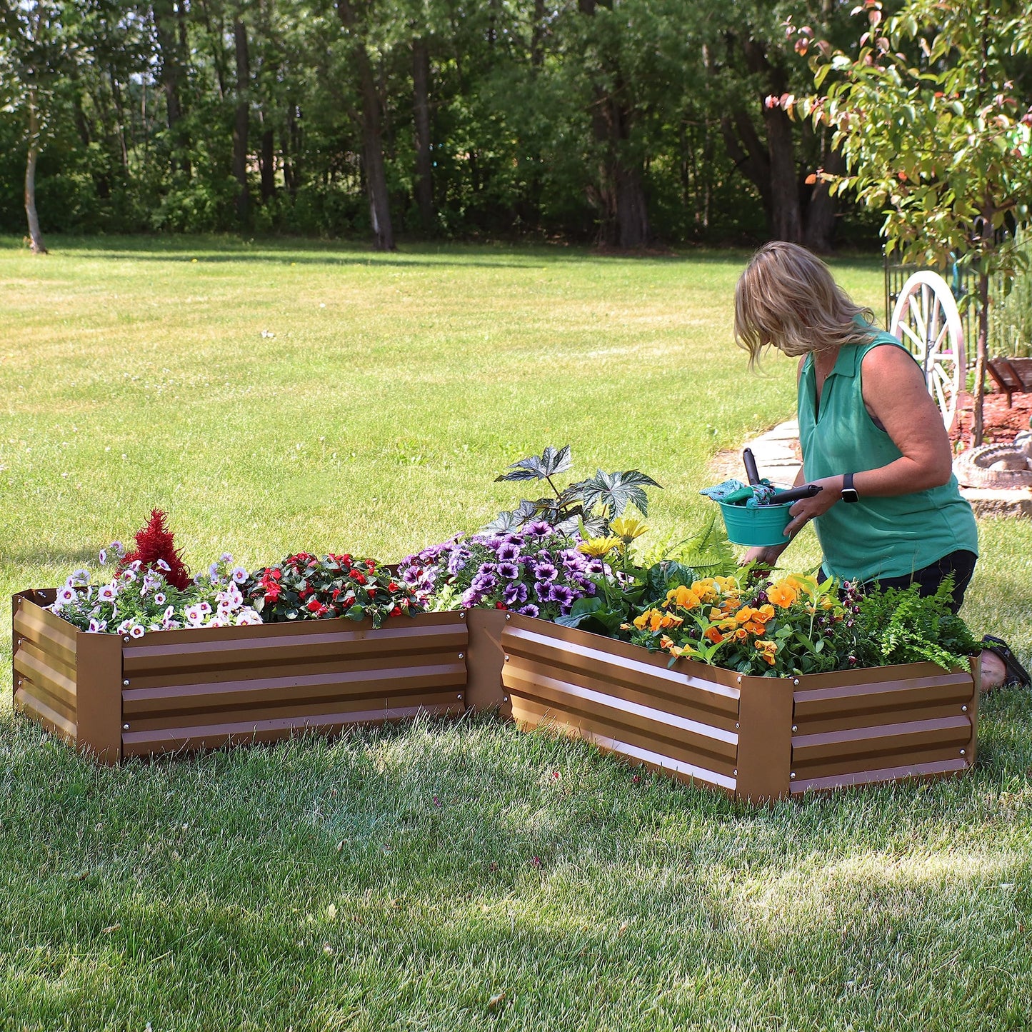 Sunnydaze Galvanized Raised Garden Bed Kit - 5x5x1 ft Outdoor Raised Garden Bed - Metal Planter Box for Vegetables, Flowers, Herbs - Brown - L-Shaped